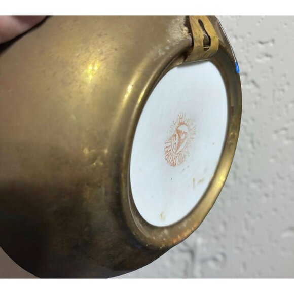 Vintage Capri Italy Porcelain Wall Bowl with Brass Back, Hand-Painted Iris, 6” D - Picture 6 of 10